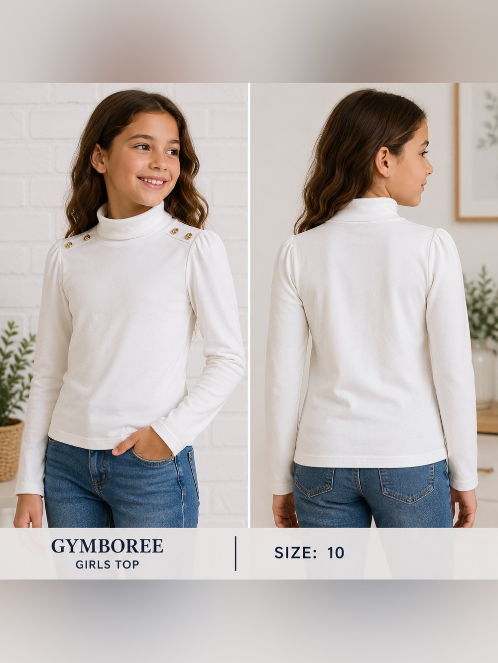 Gymboree Girls White Mock Neck Long Sleeve Top | Gold Button Detail | Size 10